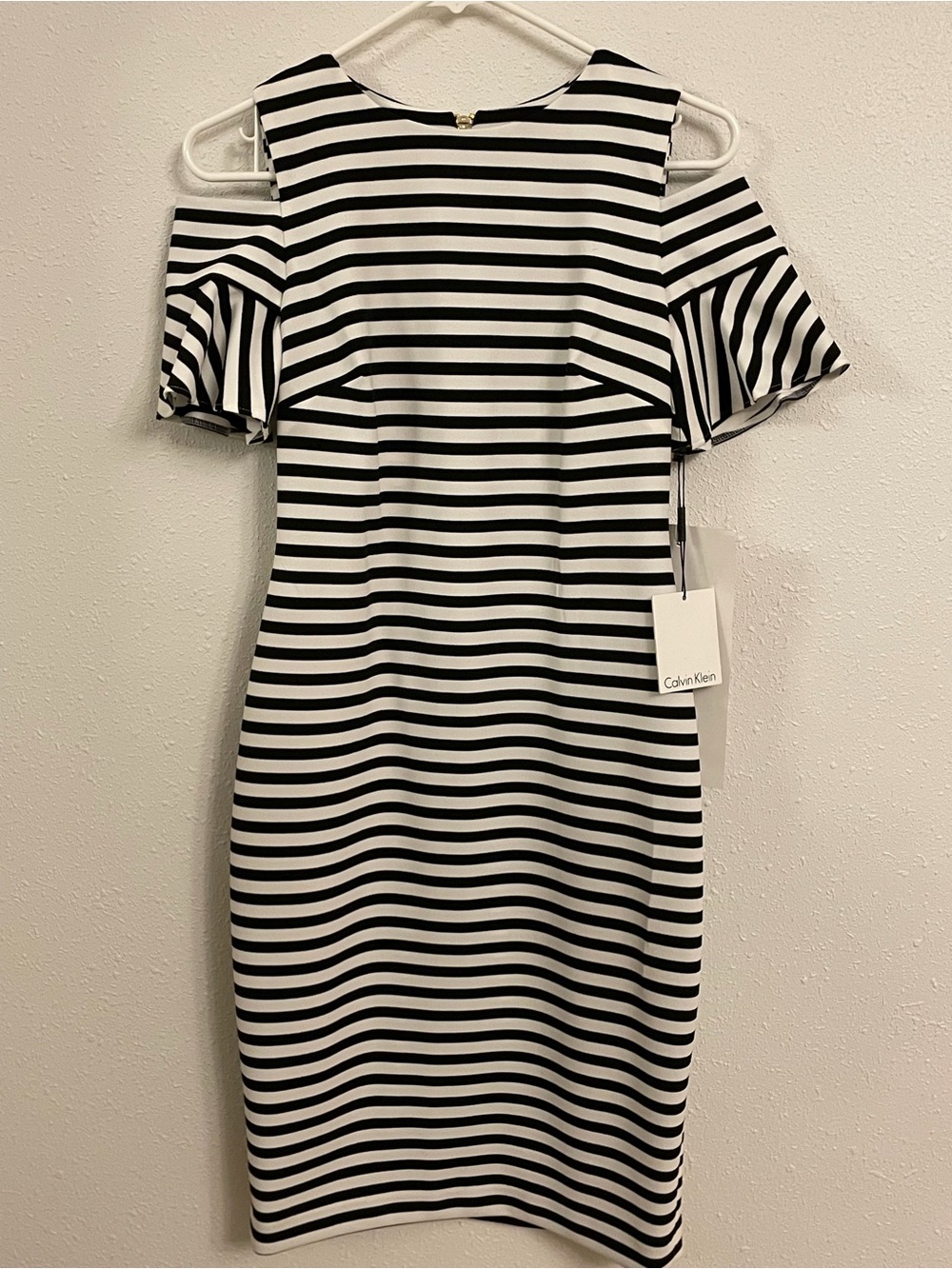 Calvin Klein Black & White Striped Cold-Shoulder Midi Dress